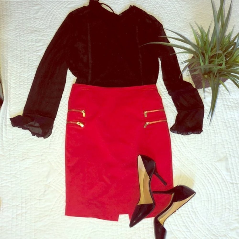 H&M Red Pencil Skirt with Exposed Zippers